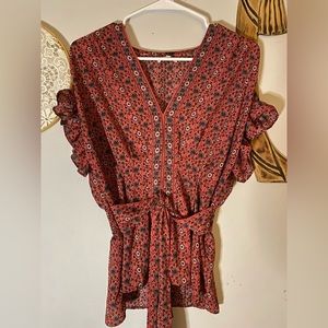 FLORAL Tunic (S) Relaxed V-neck with Butterfly Sleeve, Signed Back/Belted Waist